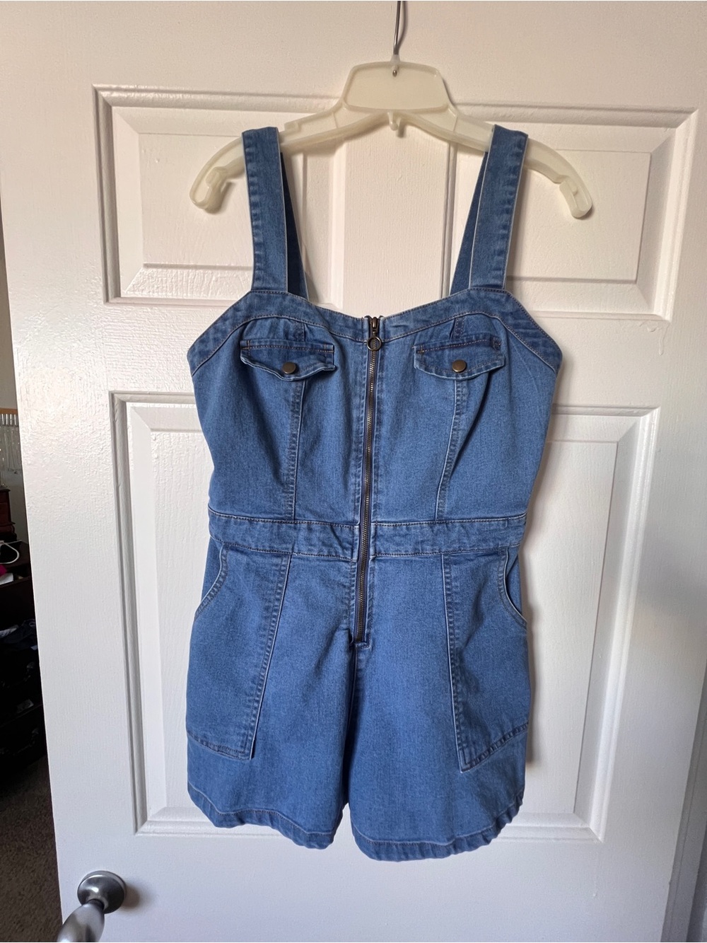 WOMEN’S  Derek Heart Denim Zip-Front One-Piece Romper - Blue Size Medium
